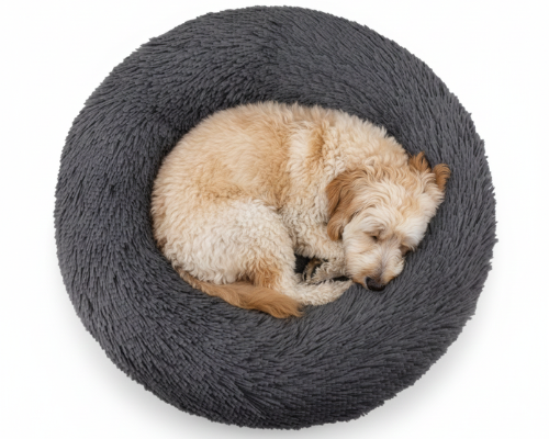 Panier Rond Gris foncé Apaisant en Peluche – Le Lit Douillet "Marius"