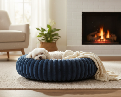 Panier Bleu Rond en Velours Côtelé – Le Cocon de Douceur "Félix"