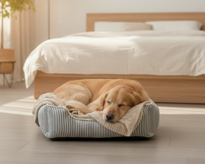 Panier gris pour Chien à Rayures – Le Couchage Élégant & Moelleux "Léon"