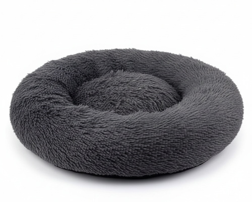 Panier Rond Gris foncé Apaisant en Peluche – Le Lit Douillet "Marius"
