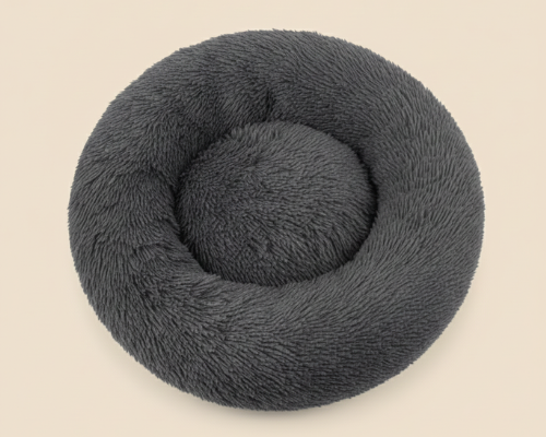 Panier Rond Gris foncé Apaisant en Peluche – Le Lit Douillet "Marius"