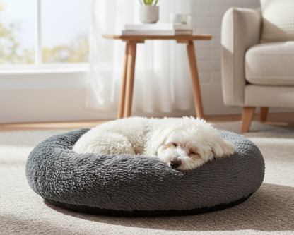 Panier Rond Gris foncé Apaisant en Peluche – Le Lit Douillet "Marius"