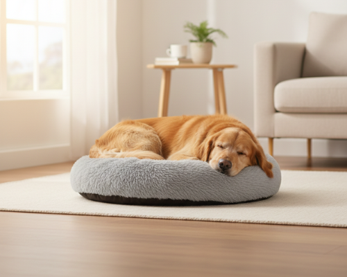 Panier Rond  Gris Apaisant en Peluche – Le Lit Douillet "Marius"